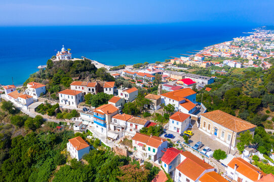 Samos island, Scenic view of Karlovasi coastal town. Eastern aegean Greece