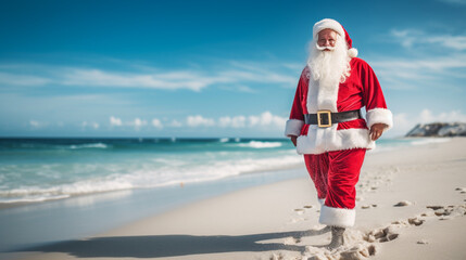 Santa Claus walking on the beach on a sunny day. 
Merry Christmas and New Year holidays concept. 
