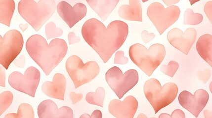 Seamless Background of painted Hearts in rose gold Watercolors. Romantic Wallpaper