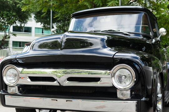 Detail of the front of a Ford Pick-up F100 at a vintage car exhibition in the city of Salvador, Bahia.