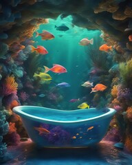 Blue bath in a surreal underwater world, sea life, fish and algae swim in a coral cave - obrazy, fototapety, plakaty
