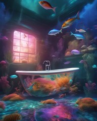 Transparent bathtub and room in a surreal underwater world, sea life, fish and algae swimming around, bioluminescent colors - obrazy, fototapety, plakaty