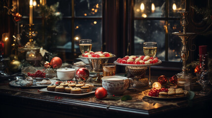 Christmas dinner table setting in a candle-lit, cozy atmosphere, displaying desserts, sweets and Christmas decorations. 