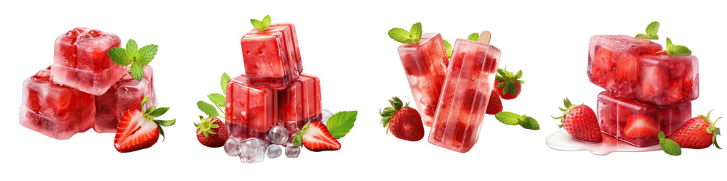 Strawberry popsicles on ice cubes Hyperrealistic Highly Detailed Isolated On Transparent Background Png File
