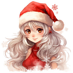anime christmas girl in santa claus hat