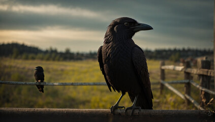 A curious and intelligent crow perched on a fence, observing its surroundings - AI Generative
