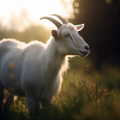 Goats onGoats with blurred background sunlight, domestic animals.