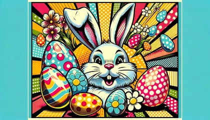 Poster Easter Bunny's Colorful Celebration: A Vibrant Retro Pop Art Illustration of Bunny and Eggs, Great for innovative card, advertisement, ads © SeasonalStories365