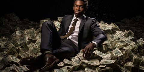Billionaire on Huge Pile of Banknotes Rich and Prosperity Comeliness - obrazy, fototapety, plakaty