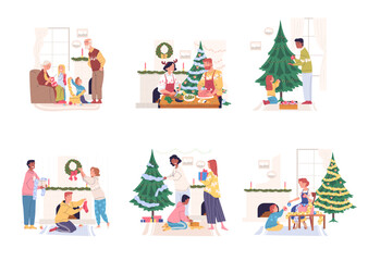 Obraz na płótnie Canvas Family christmas preparation. Friends prepare for winter holiday, people celebrating xmas miracle, grandmother parents children relax poses at fireplace, classy vector illustration