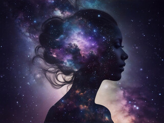 Side portrait of a woman and the universe on double exposure. Concept for consciousness and...