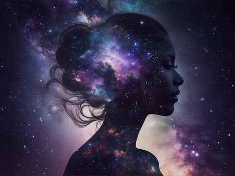 Fototapeta Side portrait of a woman and the universe on double exposure. Concept for consciousness and philosophy