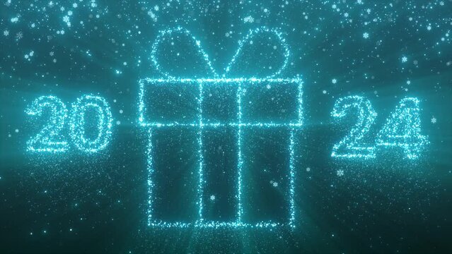 New Year postcard 2024. new year gift in blue colors with particles and glow of light in 4k