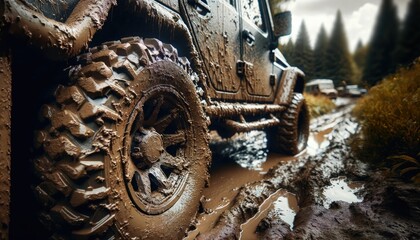 Offroad vehicle braves a muddy trail, its wheels caked in thick sludge amid a misty forest backdrop.