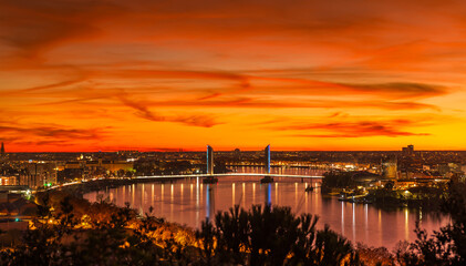 Sunset and orange sky, on the Garonne in Bordeaux, in Gironde, New Aquitaine, France