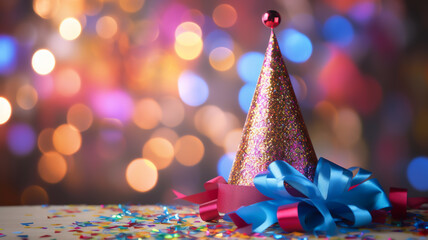 Vibrant and festive birthday party hat adorned with glitter and ribbons, set against a colorful and joyful backdrop. - obrazy, fototapety, plakaty