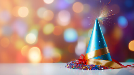 Vibrant and festive birthday party hat adorned with glitter and ribbons, set against a colorful and joyful backdrop.