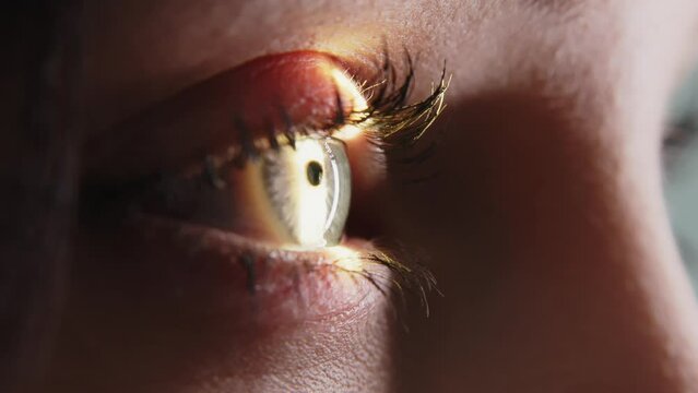Close-up of a young woman having her vision tested on an ophthalmology diagnostic vision testing equipment. Professional ophthalmological apparatus.