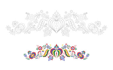 Fototapeta na wymiar Traditional folk ornament. Floral embroidery Czech pattern. Coloring pages with a colour template. Moravian, Slovak and Hungarian symbol. Vector illustration