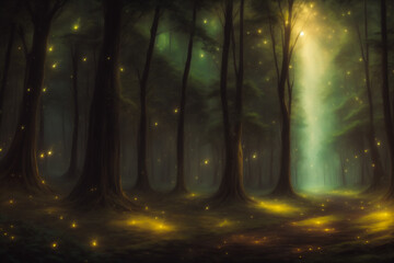 A background wallpaper of enchanted mystical forest full of fireflies, ethereal and magical, rays of light