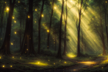A background wallpaper of enchanted mystical forest full of fireflies, ethereal and magical, rays of light
