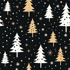 Obraz premium seamless pattern with cute minimalistic drawings of christmas new year theme: white and pink christmas trees and stars on black background