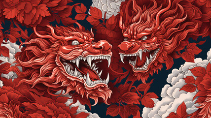 Fototapeta na wymiar Colorful dynasty porcelain dragon and tiger texture seamless pattern