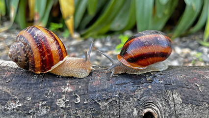 Snails on a branch after rain.