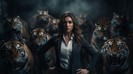 Business woman in front of a group of tigers, political, dark tones, Leader and success - obrazy, fototapety, plakaty