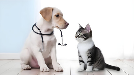 Dog with Stethoscope and Cat in White Room: Adorable Veterinary Scene Depicting Animal Care and Friendship