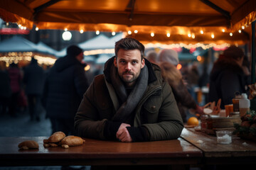 A man eating outside a food stall during german christmas market holiday - obrazy, fototapety, plakaty