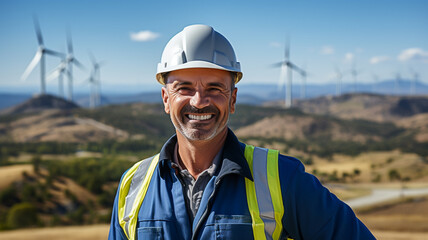 Male engineer with yellow helmet and vest in front of outdoor wind turbine landscape - obrazy, fototapety, plakaty