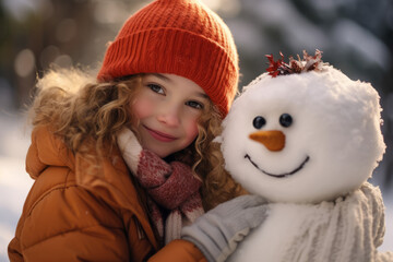 A little girl plays outside with a snowman