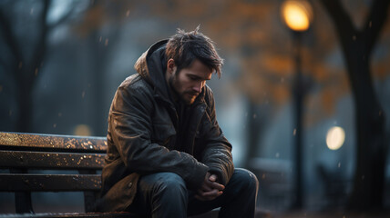 Man sitting dpressed on cold bench during snowy cold winter