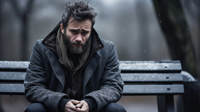 Man sitting dpressed on cold bench during snowy cold winter