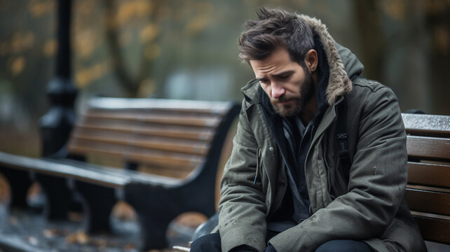 Man sitting dpressed on cold bench during snowy cold winter