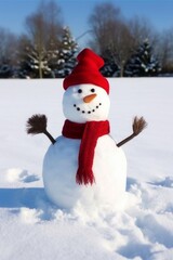Fototapeta premium Snowman with a red hat and red scarf in the forest. Snow covered the ground, green trees in the background.