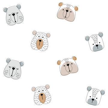 Trendy bears characters continuous one line art seamless pattern on light background.	