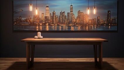 Fototapeta na wymiar Urban Symphony: A Majestic Cityscape Painting Above a Serene Table