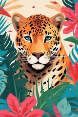 African cheetah big wild cat surrounded by tropical leaves in trendy abstract style. Wild animal in jungle, wildlife. Cartoon jaguar character for wall art print, poster, banner and cover
