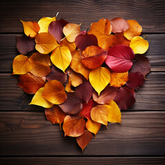 heart shaped pile of autumn leaves isolated on rustic wood background, AI Generative.