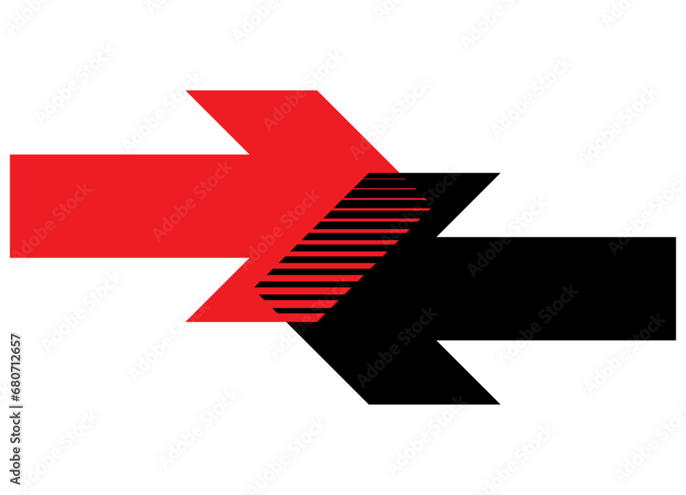 Poster striped vector arrows in the opposite direction. red and black. pointer. navigation. modern pattern.
