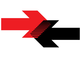 Striped vector arrows in the opposite direction. Red and black. Pointer. Navigation. Modern pattern. Vector background.
