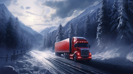Red cargo truck driving on icy and snowy road during winter, logistics and transport concept - obrazy, fototapety, plakaty