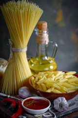 Raw pasta, spaghetti in a plate with seasonings and vegetables. Raw, ready-to-cook dish.