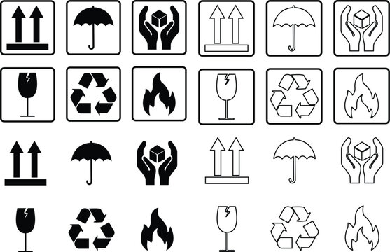 Common packaging, warning symbol set. flat line style icons with frame Isolated on transparent background. recycle, Handle with care collection of goods such as fragile cargo logo vector apps website