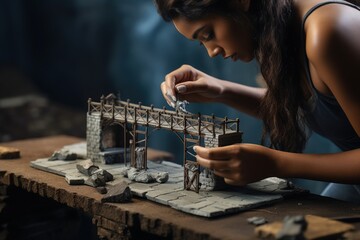 A human building a miniature bridge on a table in a workshop. Miniature art and construction concept - obrazy, fototapety, plakaty