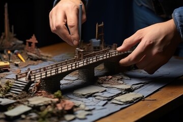 A human building a miniature bridge on a table in a workshop. Miniature art and construction concept