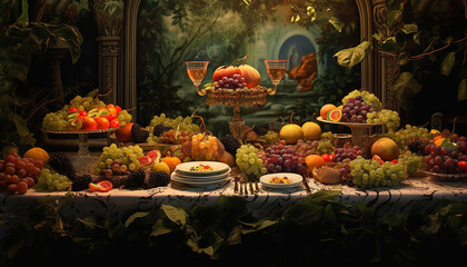 Surrealist fruit banquet on a table 