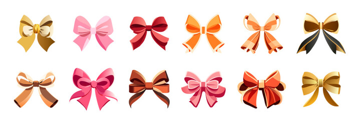 Gift bows colorful flat vector illustrations set. Collection of vector various bow ties - obrazy, fototapety, plakaty